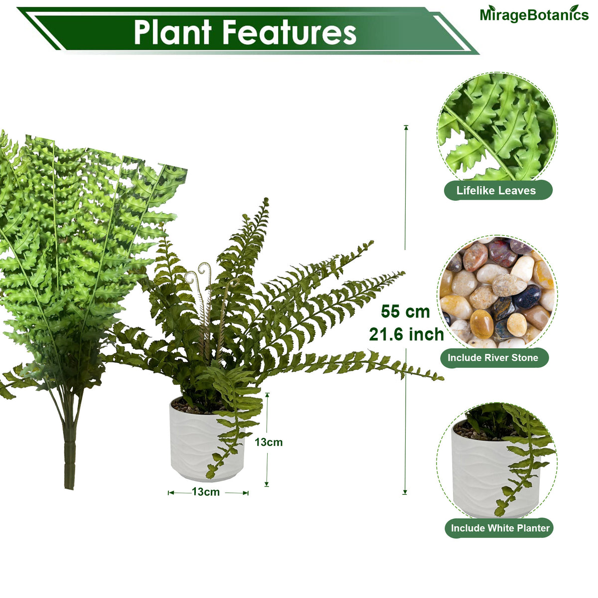 Artificial Ferns tree Faux Plant Tree with White Pot, Fake Plants in Pot for Indoor Outdoor Office Garden balcony patio Home Decor (Green)
