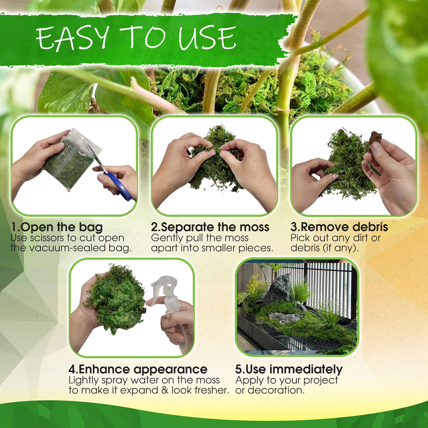 100g Natural Moss for Plants Indoor, Real Moss for Arts and Crafts for Potted Fairy Garden DIY Model Making Walls Glass Containers Home Decor (3.5 oz)
