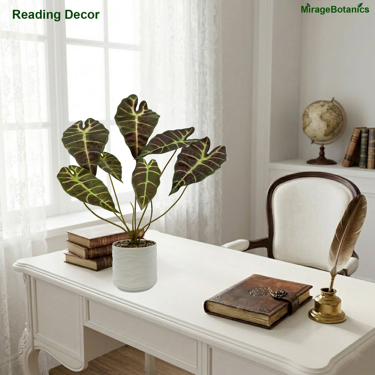 Artificial Alocasia Tree Faux Plant Tree with White Pot, Fake Plants in Pot for Indoor Outdoor Office Garden balcony patio Home Decor (Coffee-Green)