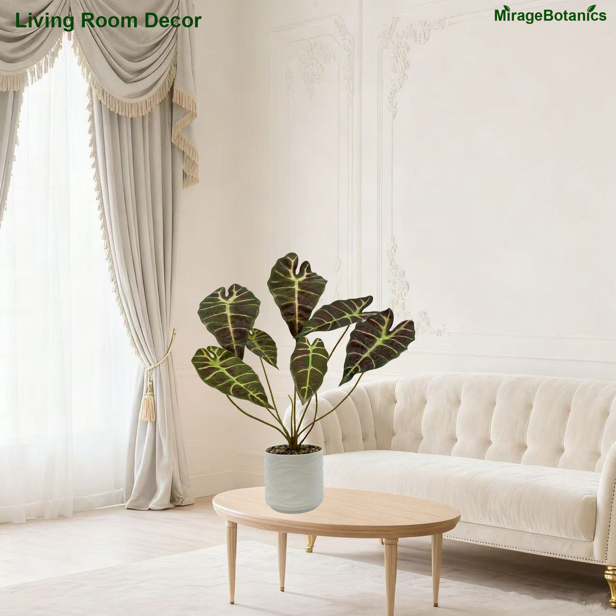 Artificial Alocasia Tree Faux Plant Tree with White Pot, Fake Plants in Pot for Indoor Outdoor Office Garden balcony patio Home Decor (Coffee-Green)