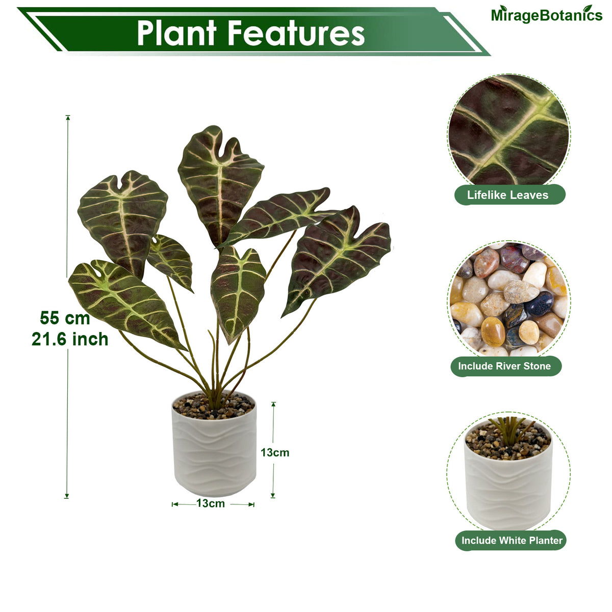 Artificial Alocasia Tree Faux Plant Tree with White Pot, Fake Plants in Pot for Indoor Outdoor Office Garden balcony patio Home Decor (Coffee-Green)