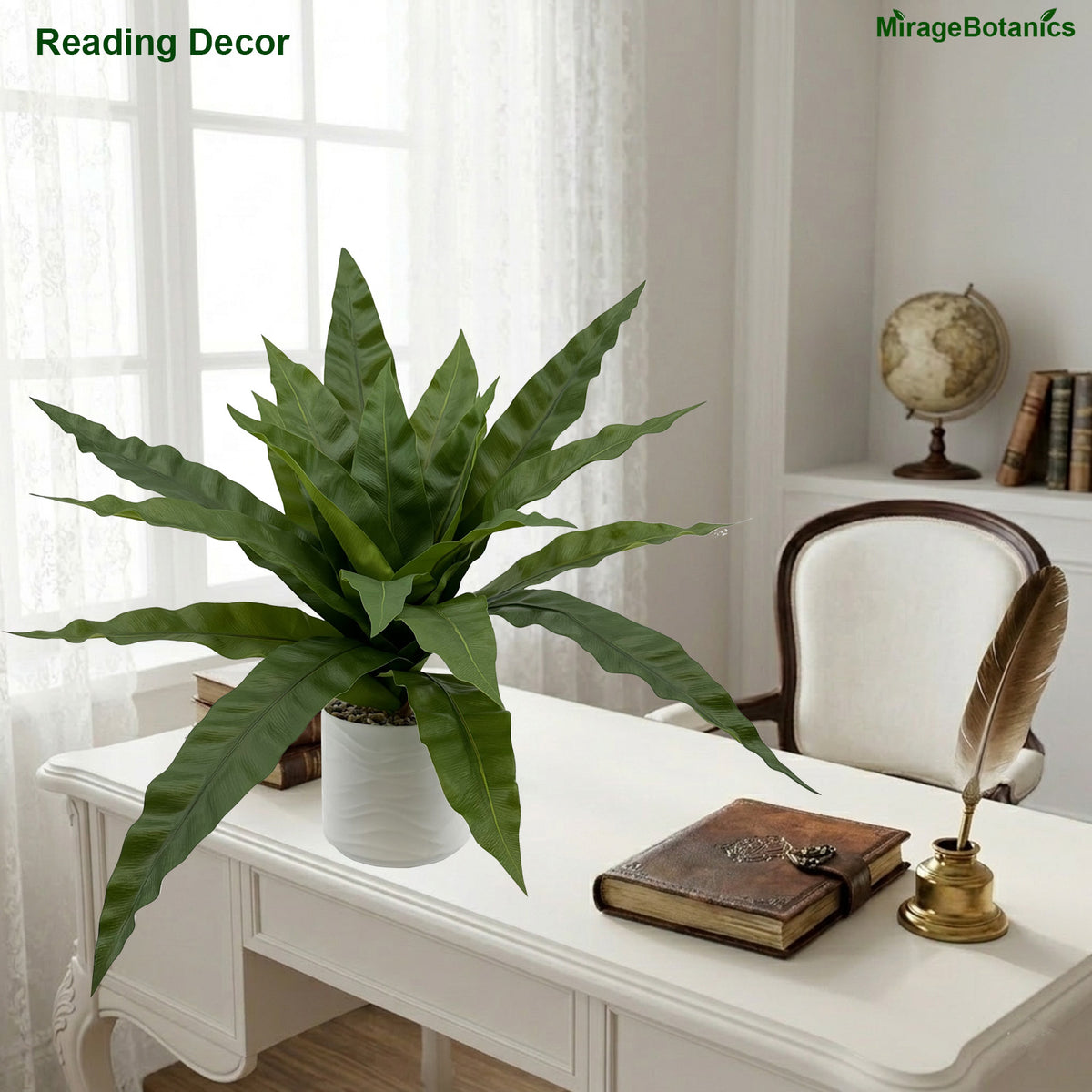 Artificial Bird Nest Fern Plant, Faux Tree with White Pot, Fake Plants Large Tropical Palm Tree, in Pot for Indoor Outdoor Office Garden balcony patio Home Decor (Green)
