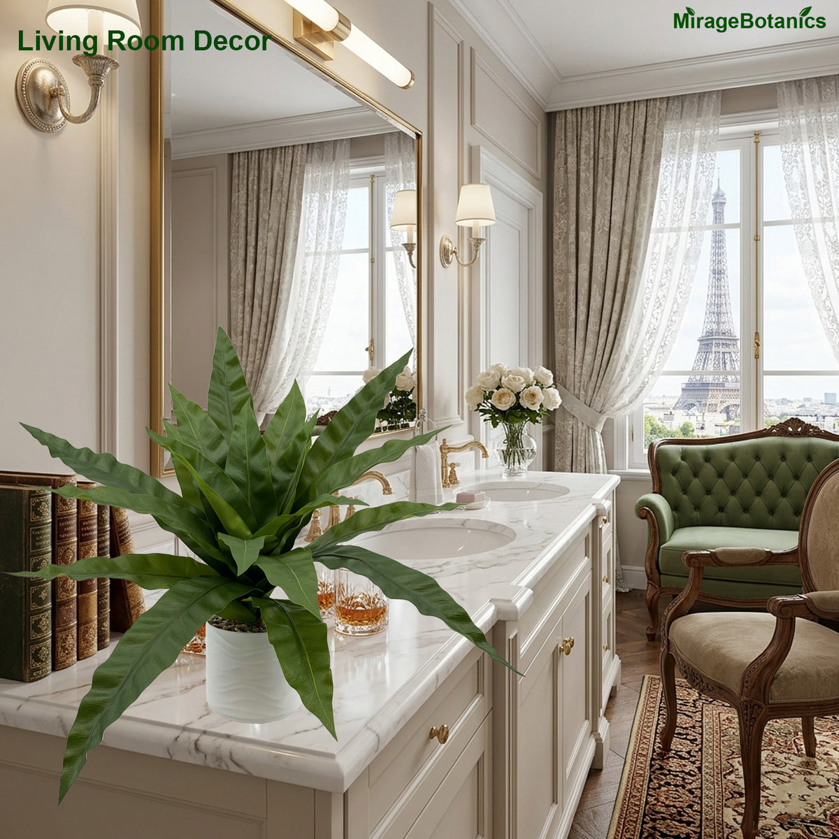 Artificial Bird Nest Fern Plant, Faux Tree with White Pot, Fake Plants Large Tropical Palm Tree, in Pot for Indoor Outdoor Office Garden balcony patio Home Decor (Green)
