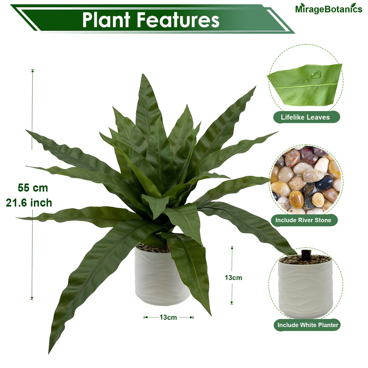 Artificial Bird Nest Fern Plant, Faux Tree with White Pot, Fake Plants Large Tropical Palm Tree, in Pot for Indoor Outdoor Office Garden balcony patio Home Decor (Green)