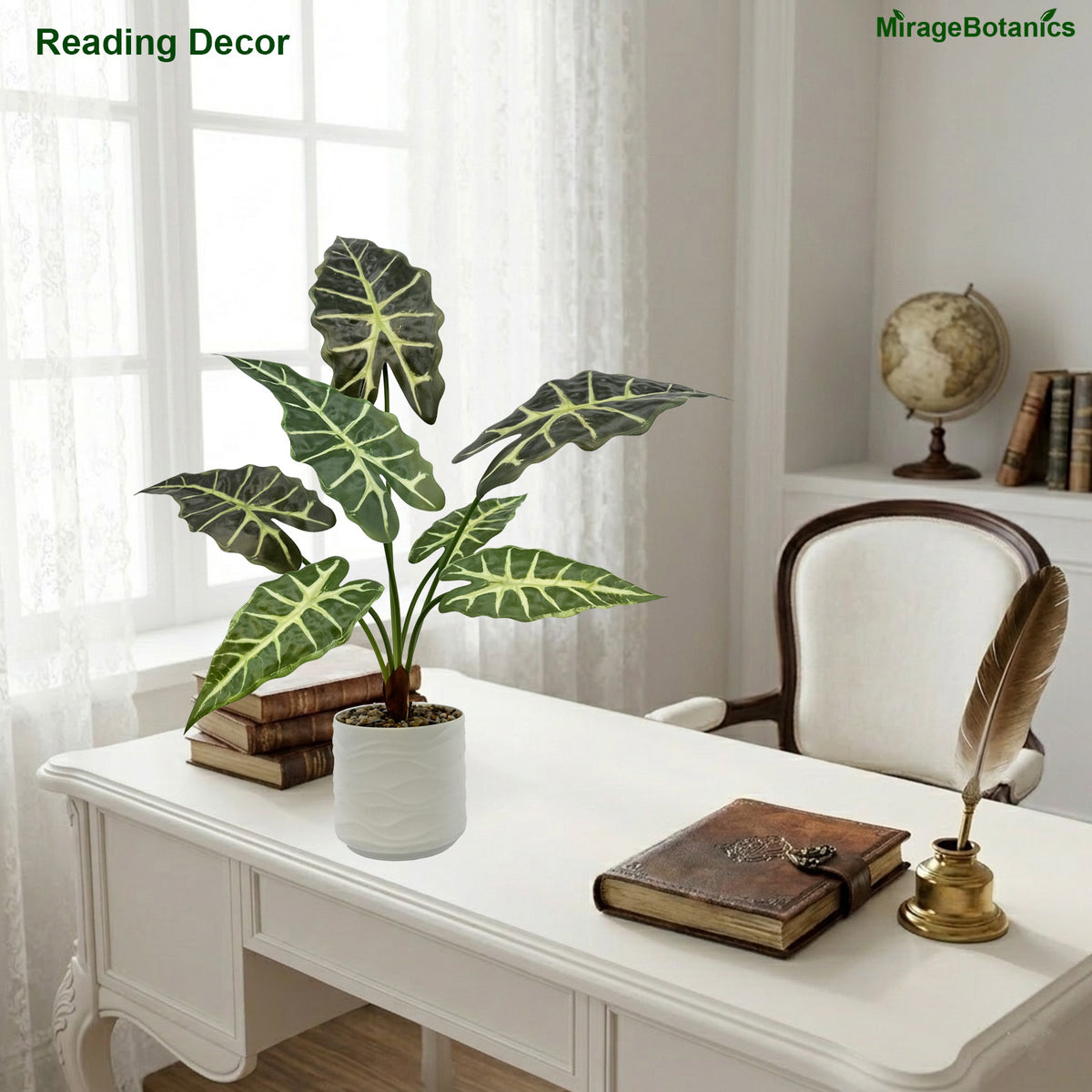 Artificial Alocasia Tree Faux Plant Tree with White Pot, Fake Plants in Pot for Indoor Outdoor Office Garden balcony patio Home Decor (Green)