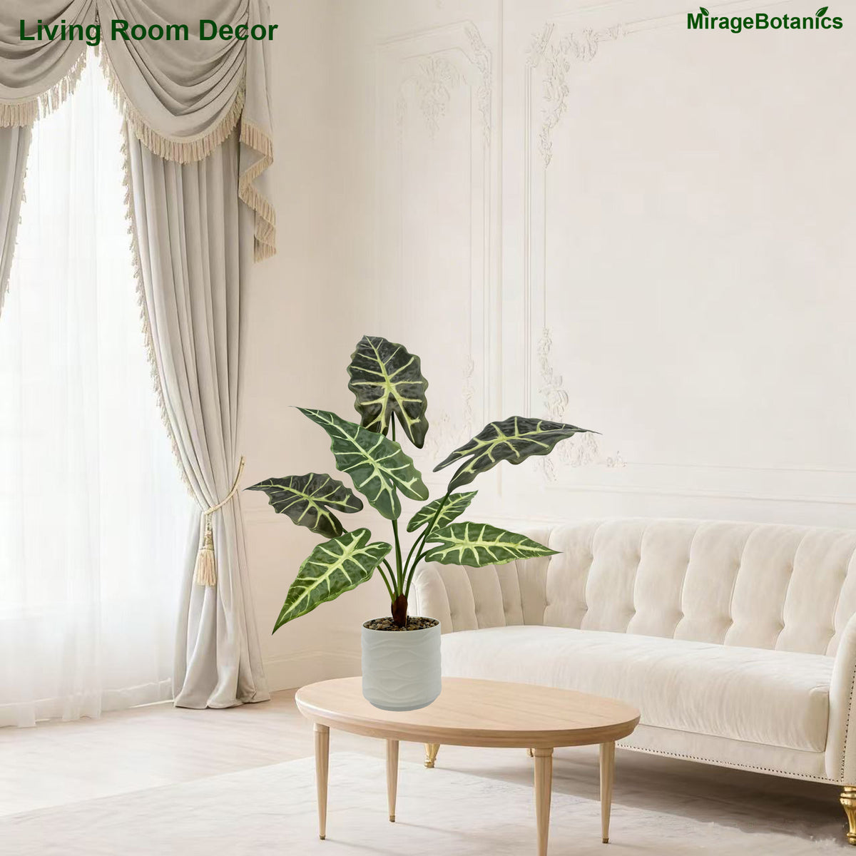 Artificial Alocasia Tree Faux Plant Tree with White Pot, Fake Plants in Pot for Indoor Outdoor Office Garden balcony patio Home Decor (Green)