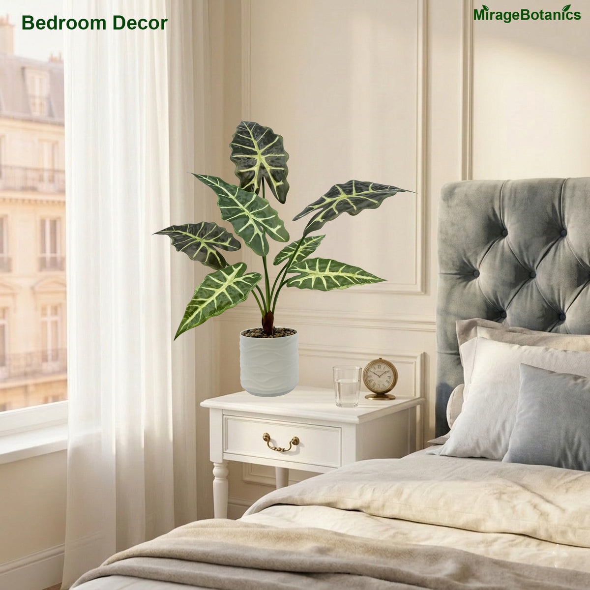 Artificial Alocasia Tree Faux Plant Tree with White Pot, Fake Plants in Pot for Indoor Outdoor Office Garden balcony patio Home Decor (Green)