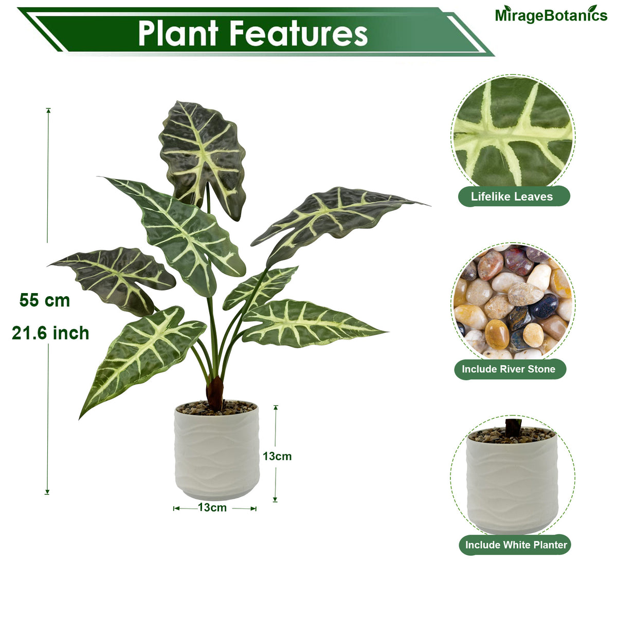 Artificial Alocasia Tree Faux Plant Tree with White Pot, Fake Plants in Pot for Indoor Outdoor Office Garden balcony patio Home Decor (Green)