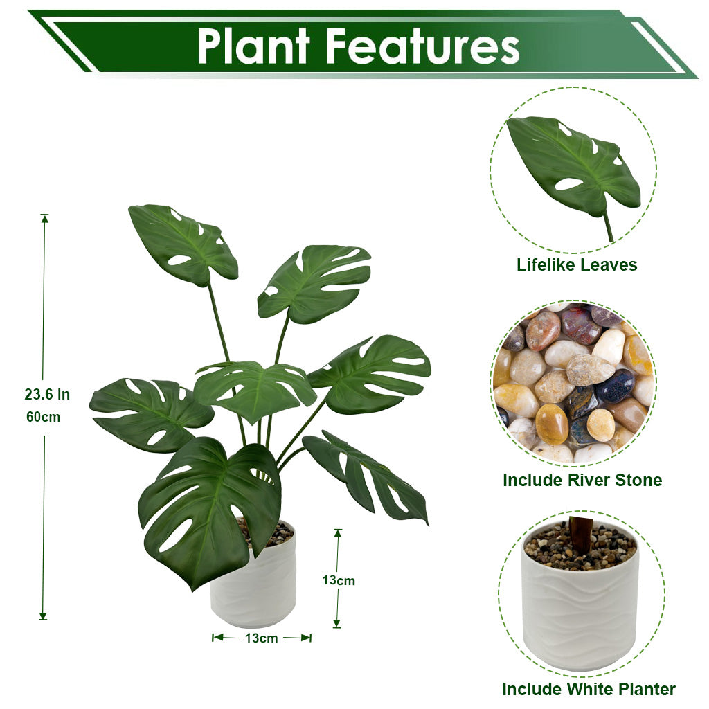 60cm Artificial Monstera Tree Faux Plant Tree with White Pot, Fake Plants 60cm Large Tropical Palm Tree, in Pot for Indoor Outdoor Office Garden balcony patio Home Decor