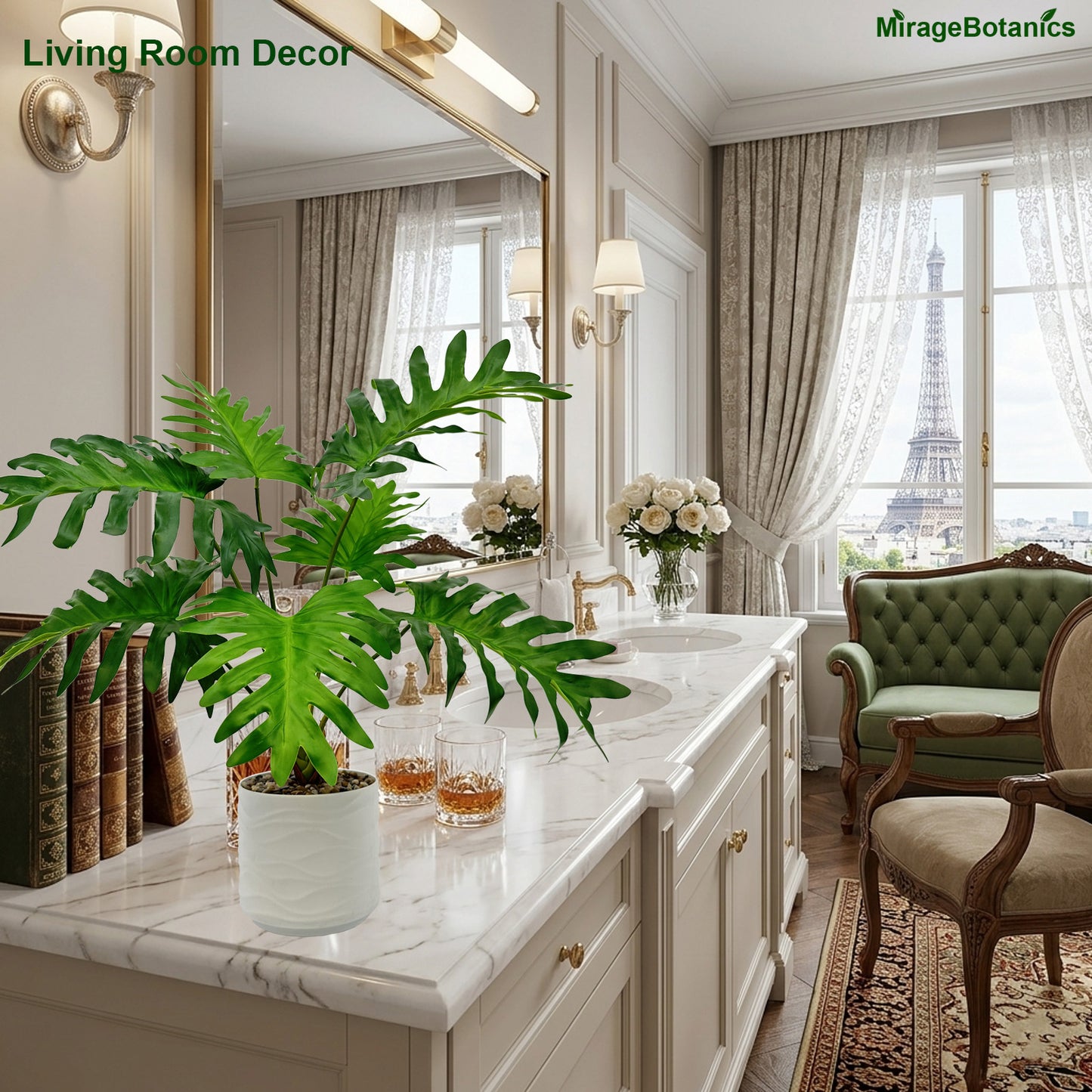 Artificial Philodendron Tree Faux Plant Tree with White Pot, Fake Plants Large Tropical Palm Tree, in Pot for Indoor Outdoor Office Garden balcony patio Home Decor (Green)