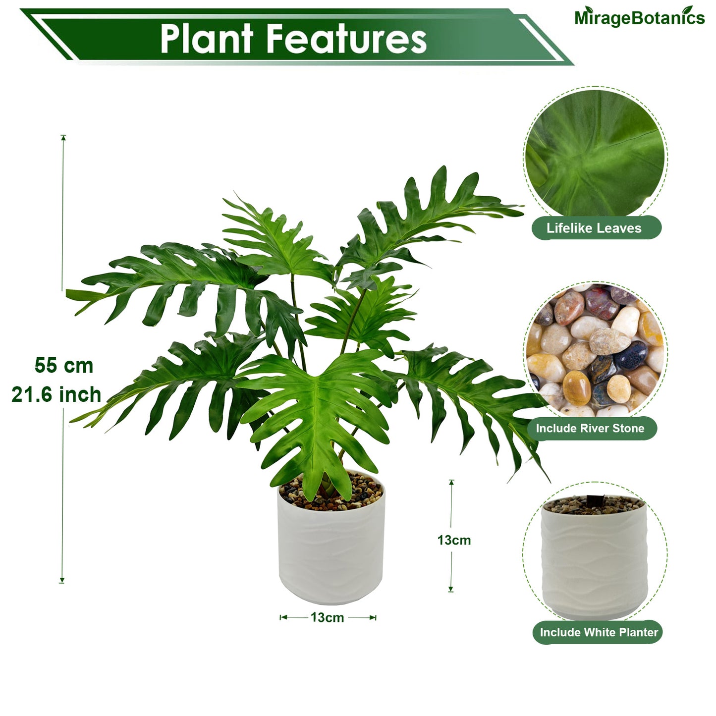 Artificial Philodendron Tree Faux Plant Tree with White Pot, Fake Plants Large Tropical Palm Tree, in Pot for Indoor Outdoor Office Garden balcony patio Home Decor (Green)