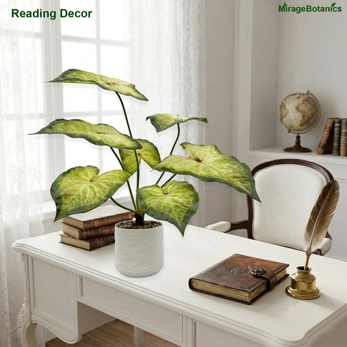 Artificial Alocasia Tree Faux Plant Tree with White Pot, Fake Plants Large Tropical Palm Tree, in Pot for Indoor Outdoor Office Garden balcony patio Home Decor (Green-Yellow)
