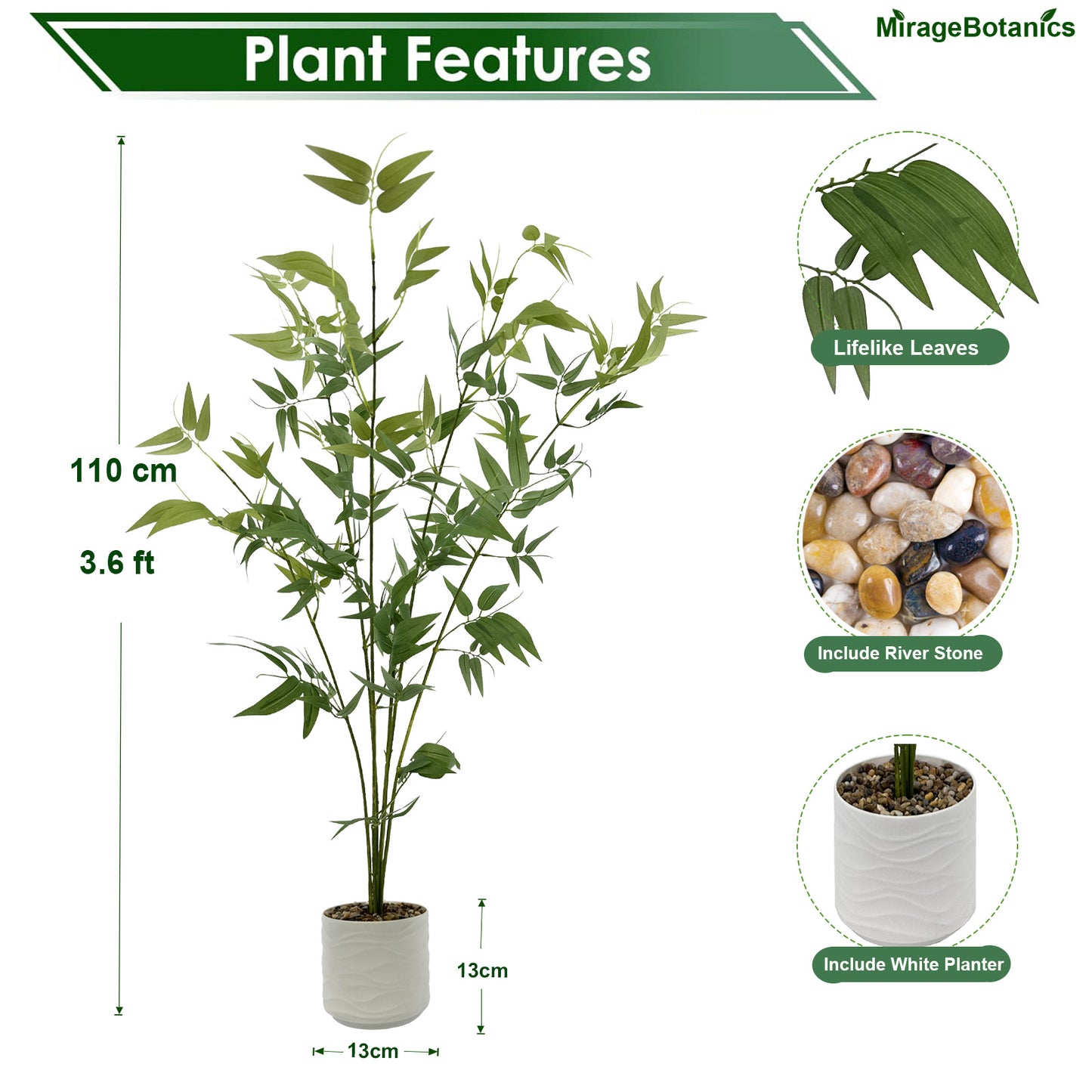 110cm Artificial Bamboo Tree with Tall White Planter - 4 Lifelike Natural Trunks & Silk Leaves, Realistic Faux Indoor Outdoor Plant for Home, Office, Living Room, Mall, Hotel, Garden Decor