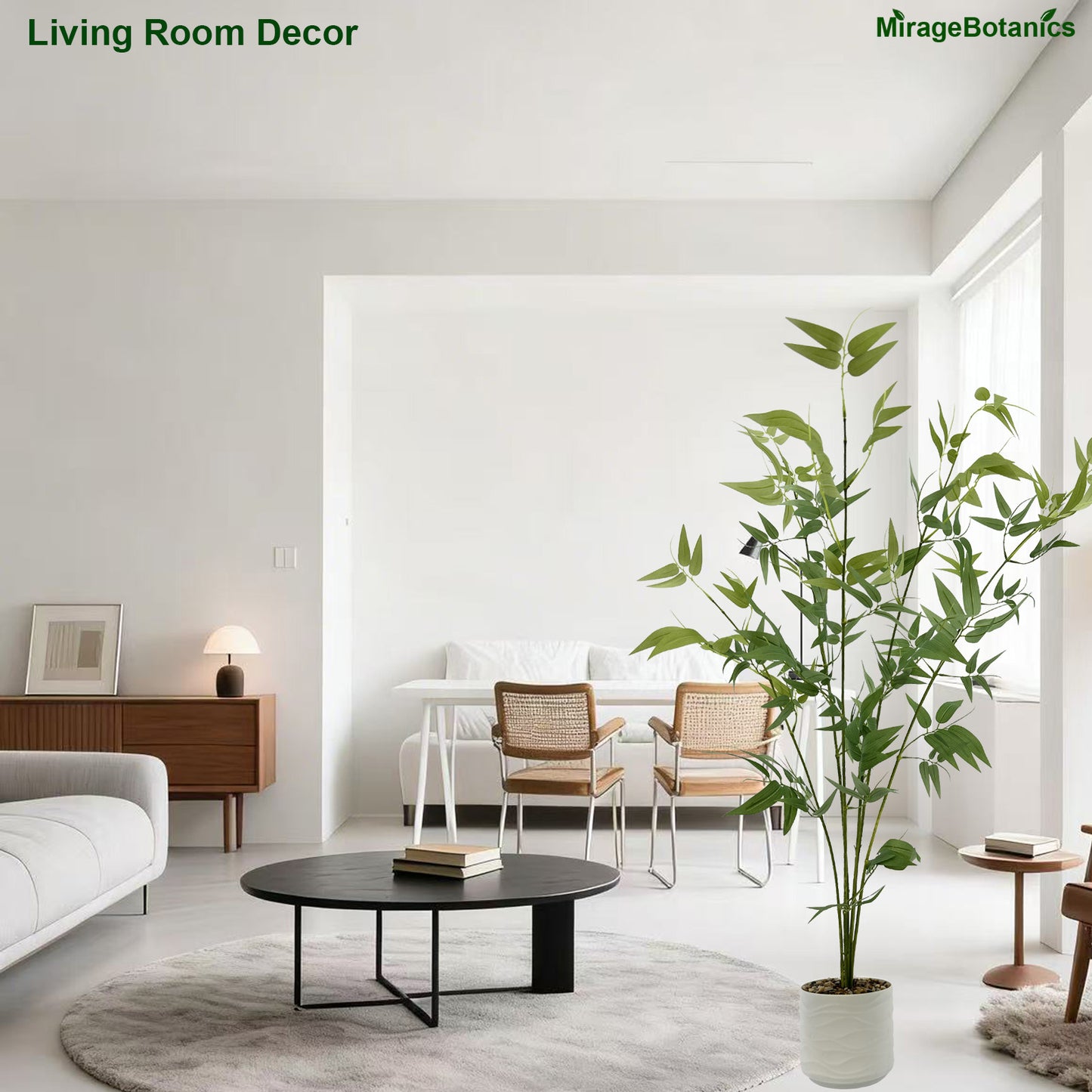 110cm Artificial Bamboo Tree with Tall White Planter - 4 Lifelike Natural Trunks & Silk Leaves, Realistic Faux Indoor Outdoor Plant for Home, Office, Living Room, Mall, Hotel, Garden Decor