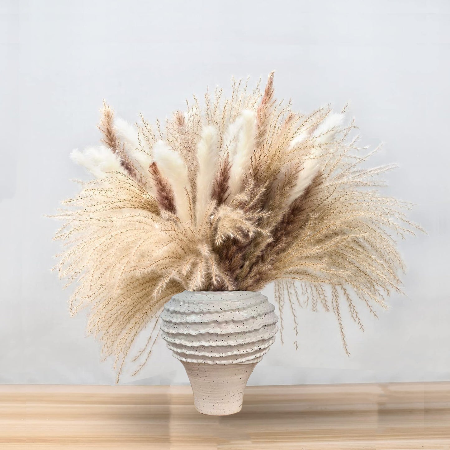 Natural Dried Pampas Grass Bouquet: Brown Gray White Reed Pampas with Vase,Dry Plants Dry Flowers Arrangements Decorations for Home Room Office Party 60Pcs