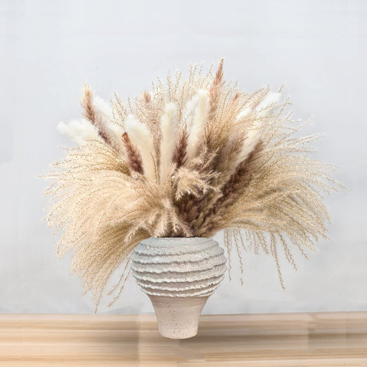 Natural Dried Pampas Grass Bouquet: Brown Gray White Reed Pampas with Vase,Dry Plants Dry Flowers Arrangements Decorations for Home Room Office Party 60Pcs