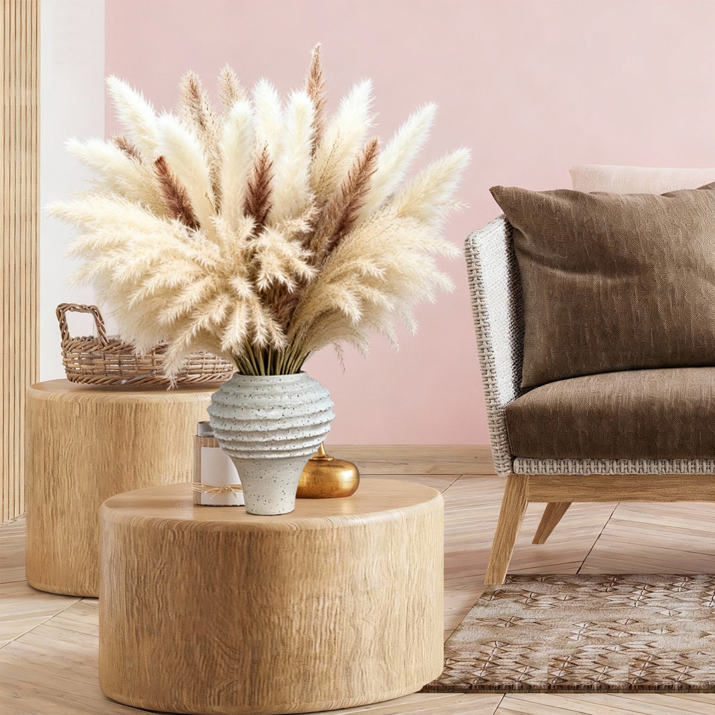 Natural Dried Pampas Grass Bouquet: Brown Gray White Reed Pampas with Vase,Dry Plants Dry Flowers Arrangements Decorations for Home Room Office Party 60Pcs