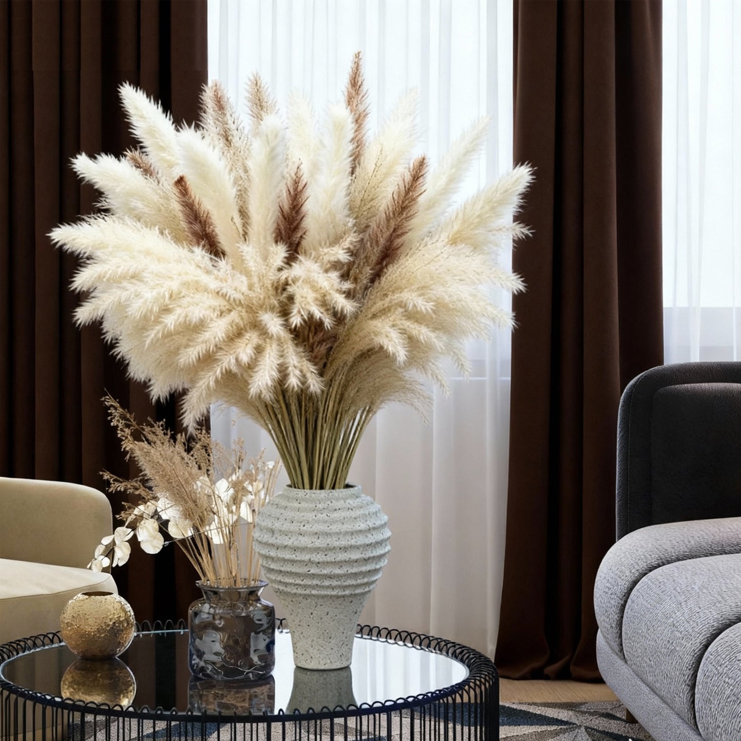 Natural Dried Pampas Grass Bouquet: Brown Gray White Reed Pampas with Vase,Dry Plants Dry Flowers Arrangements Decorations for Home Room Office Party 60Pcs
