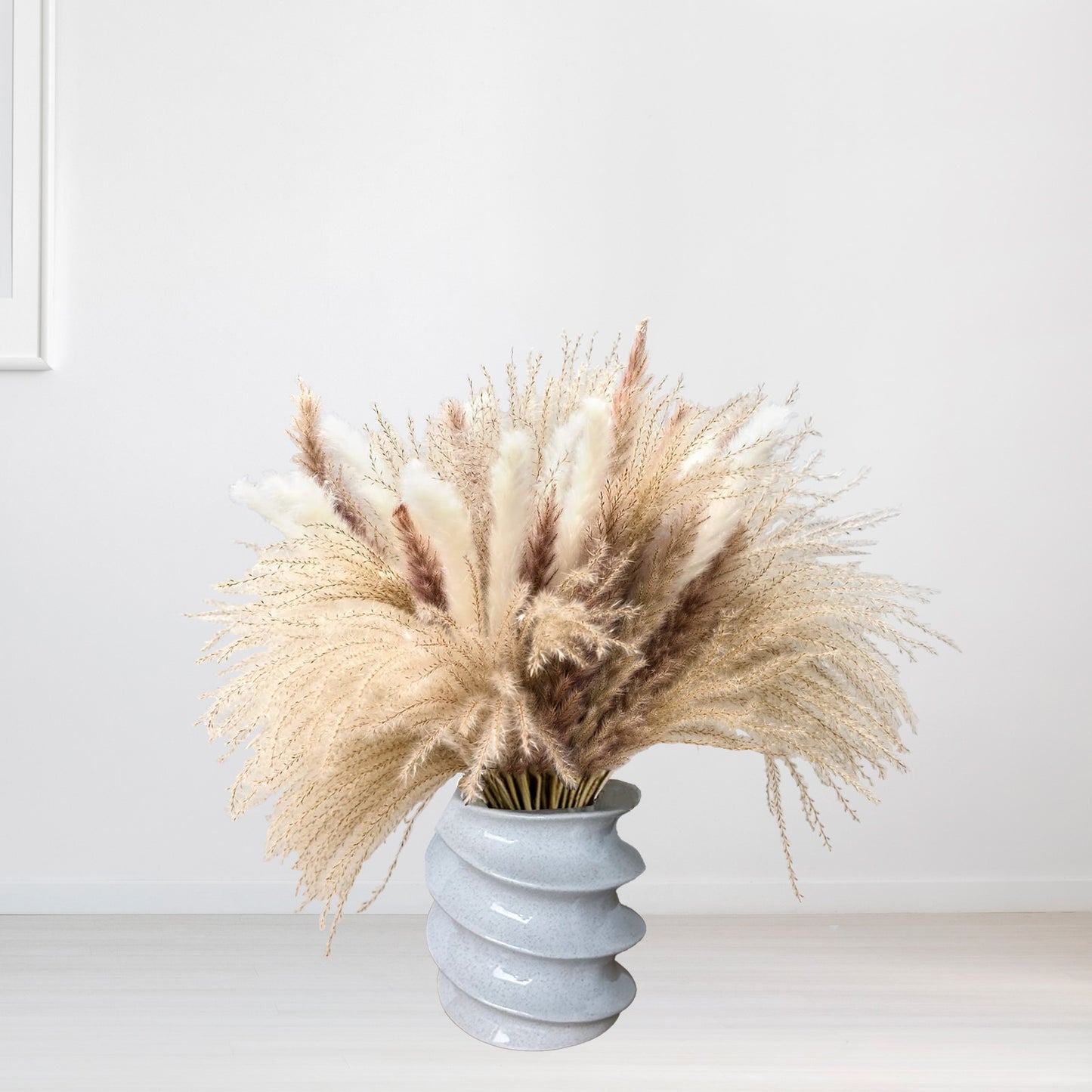 Natural Dried Pampas Grass Bouquet: Brown Gray White Reed Pampas with Vase,Dry Plants Dry Flowers Arrangements Decorations for Home Room Office Party 60Pcs