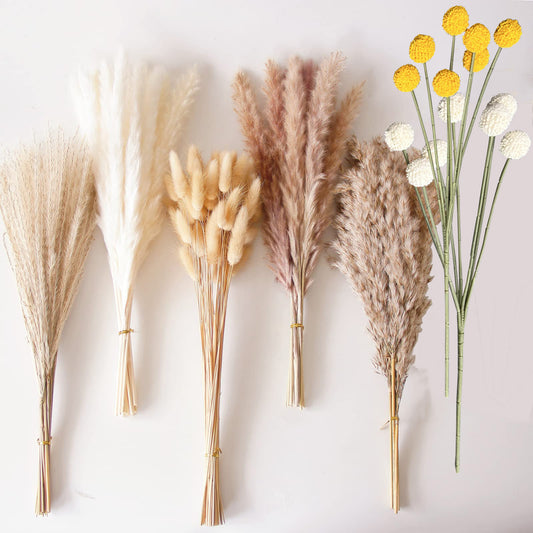 105 PCS Natural Dried Pampas Grass Boho Home Decor Bouquet Phragmites Dried Flowers Bouquet for Wedding Floral Arrangements Home Decorations