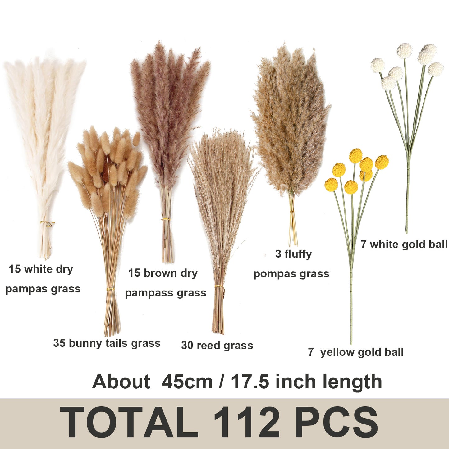 105 PCS Natural Dried Pampas Grass Boho Home Decor Bouquet Phragmites Dried Flowers Bouquet for Wedding Floral Arrangements Home Decorations