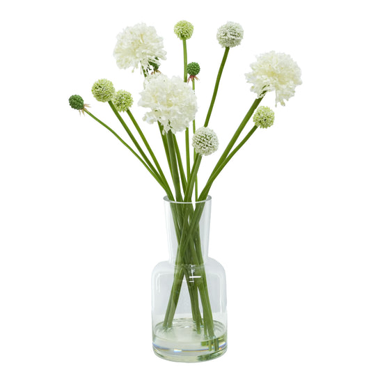 Artificial Allium Potted Plant, Scallion Faux Water Potted Plant Artificial Flowers Faux Plant With Glass Vase for Home Office Decor
