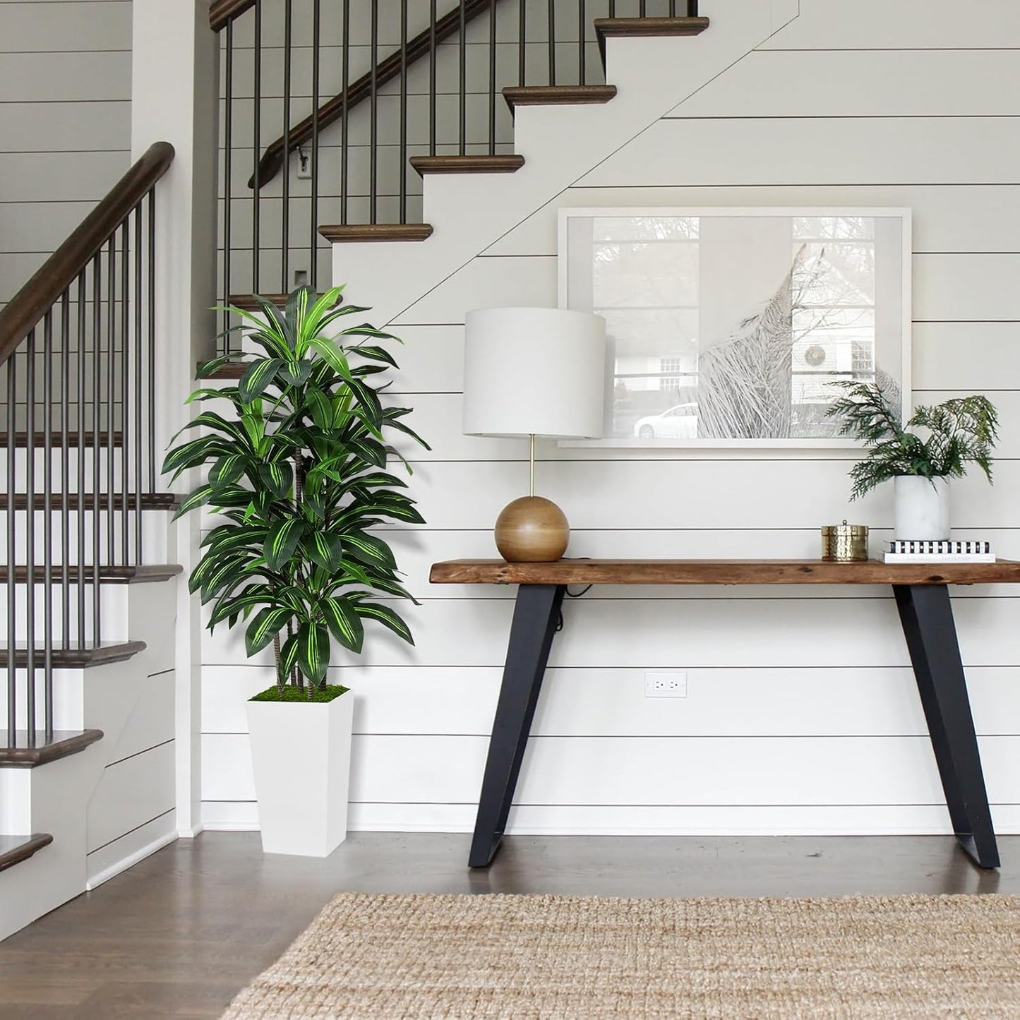 Artificial Dracaena Plant Indoor 5FT - Fake Tree with White Tall Planter