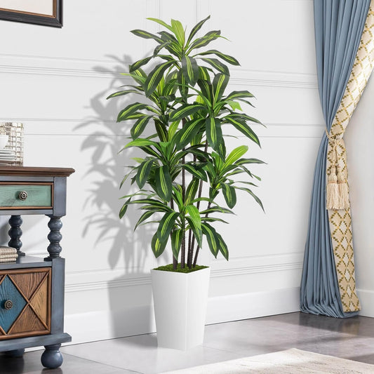 Artificial Dracaena Plant Indoor 5FT - Fake Tree with White Tall Planter