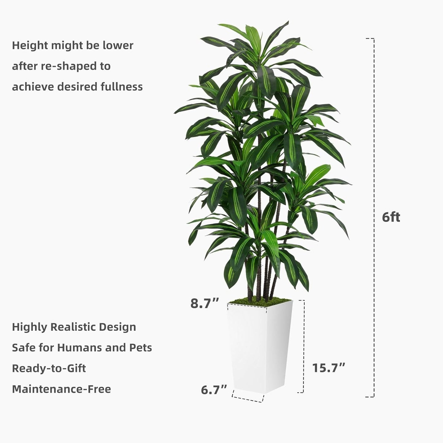 Artificial Dracaena Plant Indoor 5FT - Fake Tree with White Tall Planter
