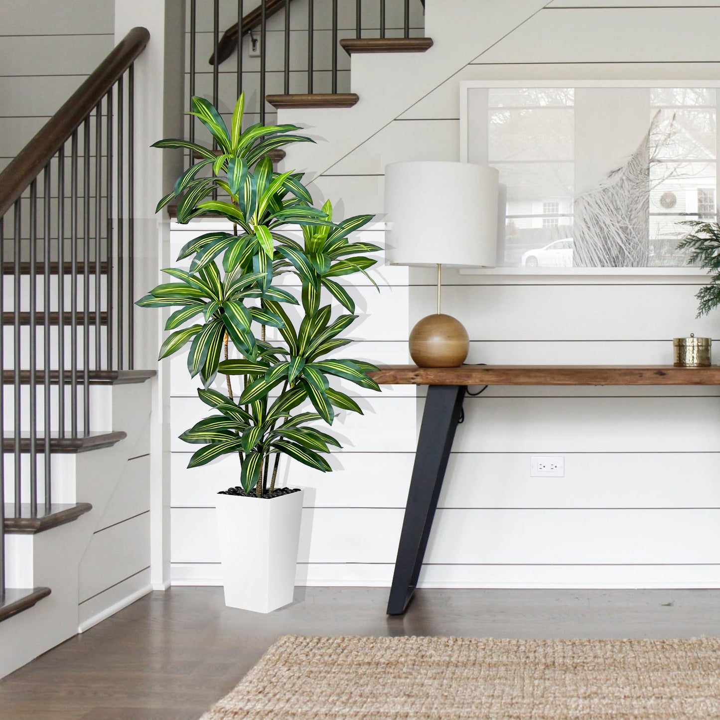150cm Artificial Dracaena Tree, Tall Fake Plant with White Pot - Realistic Faux Dragon Tree with Tall Planter - Indoor Floor Plant for Home, Office,Mall, Living Room, Bedroom, Hotel, Patio Decor