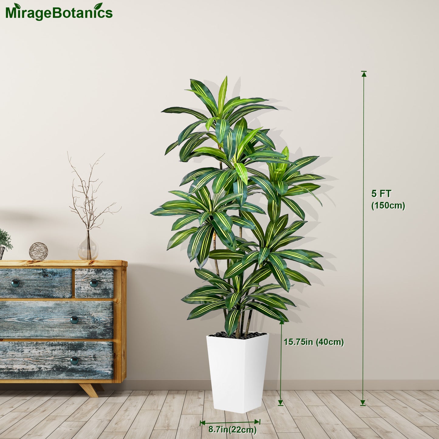150cm Artificial Dracaena Tree, Tall Fake Plant with White Pot - Realistic Faux Dragon Tree with Tall Planter - Indoor Floor Plant for Home, Office,Mall, Living Room, Bedroom, Hotel, Patio Decor