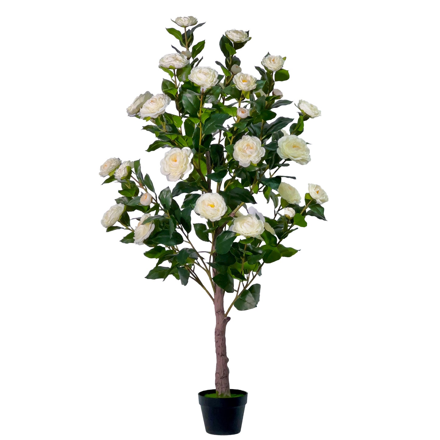 150cm Artificial Camellia Tree  - Realistic Faux Flower Plant in Black Nursery Pot for Living Room, Porch, Office Decor - Low Maintenance Blooming Tree for Home, Wedding, Housewarming Gift