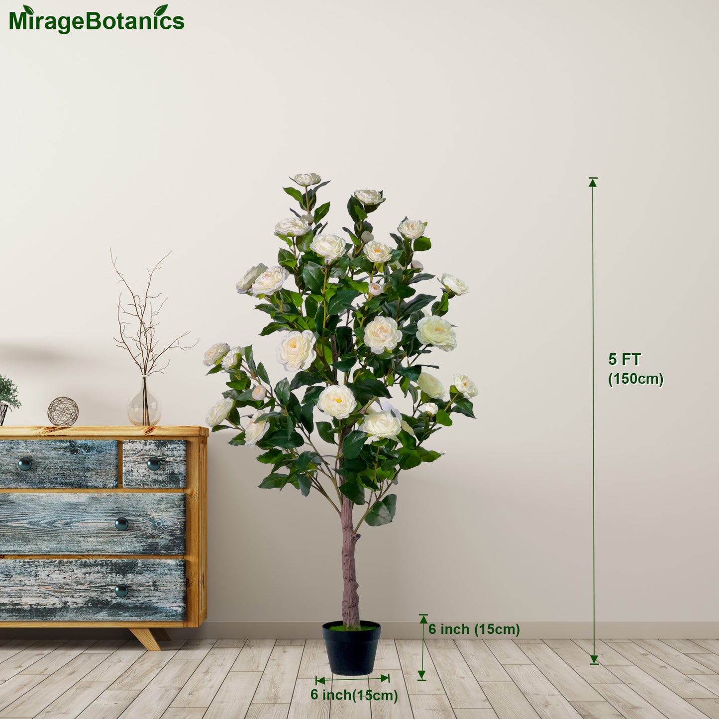 150cm Artificial Camellia Tree  - Realistic Faux Flower Plant in Black Nursery Pot for Living Room, Porch, Office Decor - Low Maintenance Blooming Tree for Home, Wedding, Housewarming Gift