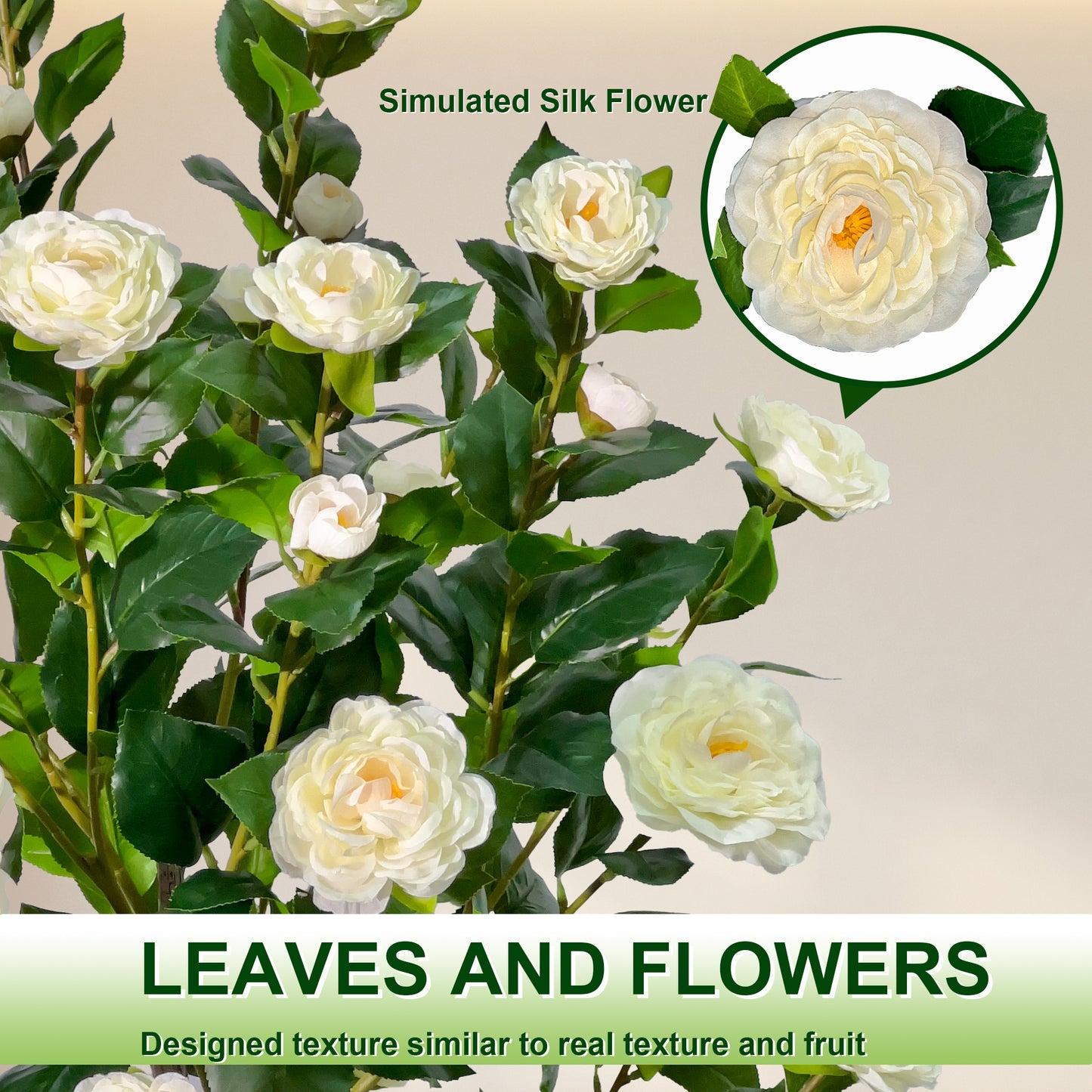 150cm Artificial Camellia Tree  - Realistic Faux Flower Plant in Black Nursery Pot for Living Room, Porch, Office Decor - Low Maintenance Blooming Tree for Home, Wedding, Housewarming Gift