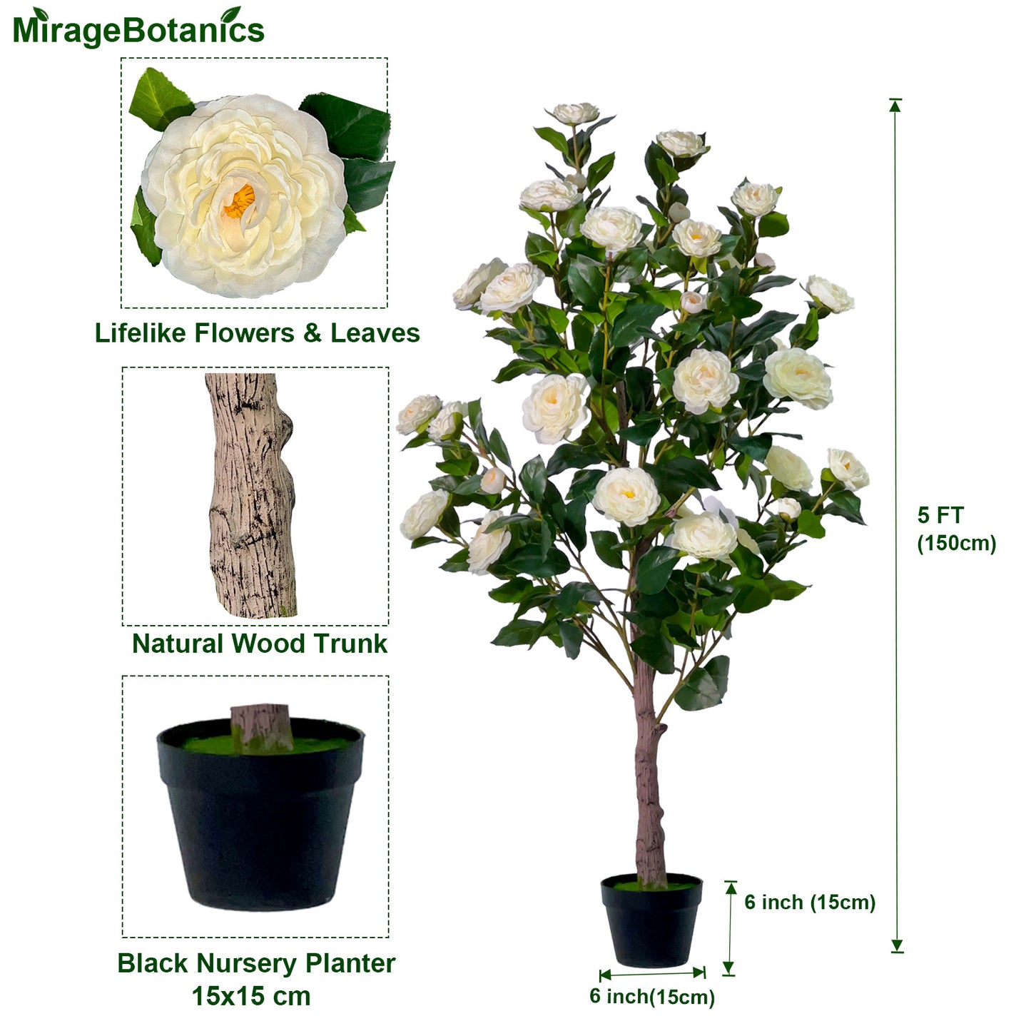 150cm Artificial Camellia Tree  - Realistic Faux Flower Plant in Black Nursery Pot for Living Room, Porch, Office Decor - Low Maintenance Blooming Tree for Home, Wedding, Housewarming Gift