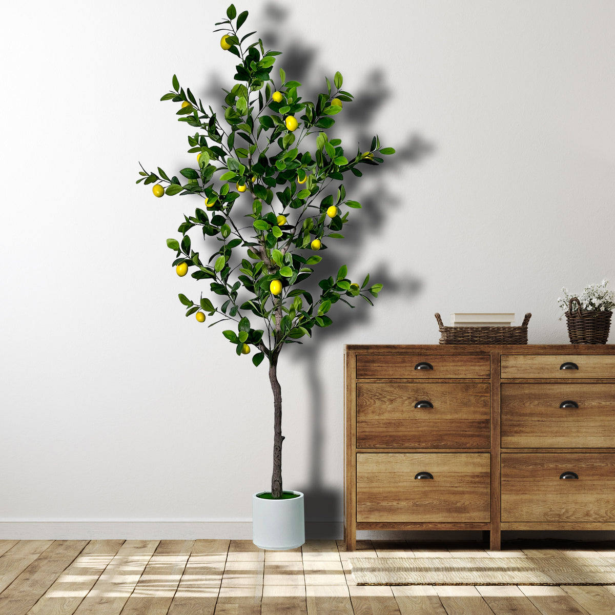Artificial Lemon Tree Indoor Outdoor - Faux Lemon Plant with Realistic Fruits & Natural Wood Trunk, Includes White Flower Pot for Home, Office, Mall, Hotel, Living Room, Meeting Room Decor