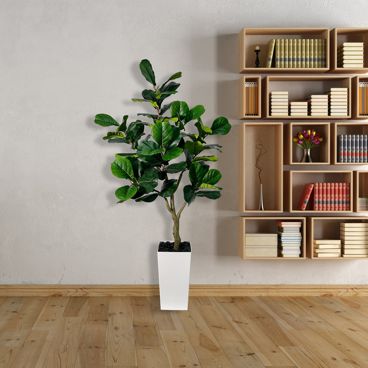 5 Ft Artificial Fiddle Leaf Fig Tree with White Planter Pot