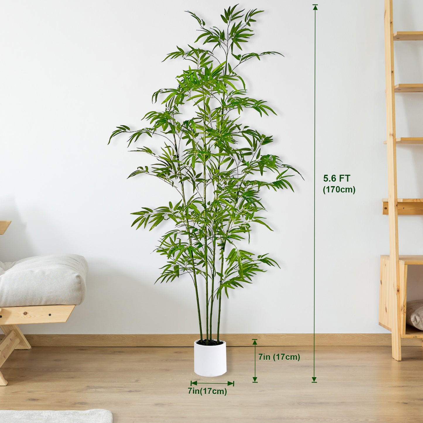170cm Artificial Bamboo Tree with Tall White Planter - 4 Lifelike Natural Trunks & Silk Leaves, Realistic Faux Indoor Outdoor Plant for Home, Office, Living Room, Mall, Hotel, Garden Decor