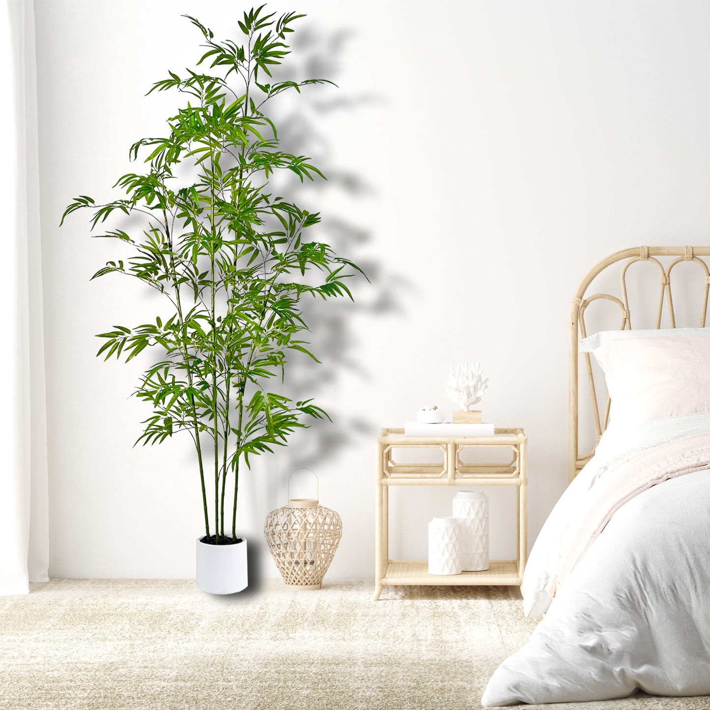 170cm Artificial Bamboo Tree with Tall White Planter - 4 Lifelike Natural Trunks & Silk Leaves, Realistic Faux Indoor Outdoor Plant for Home, Office, Living Room, Mall, Hotel, Garden Decor