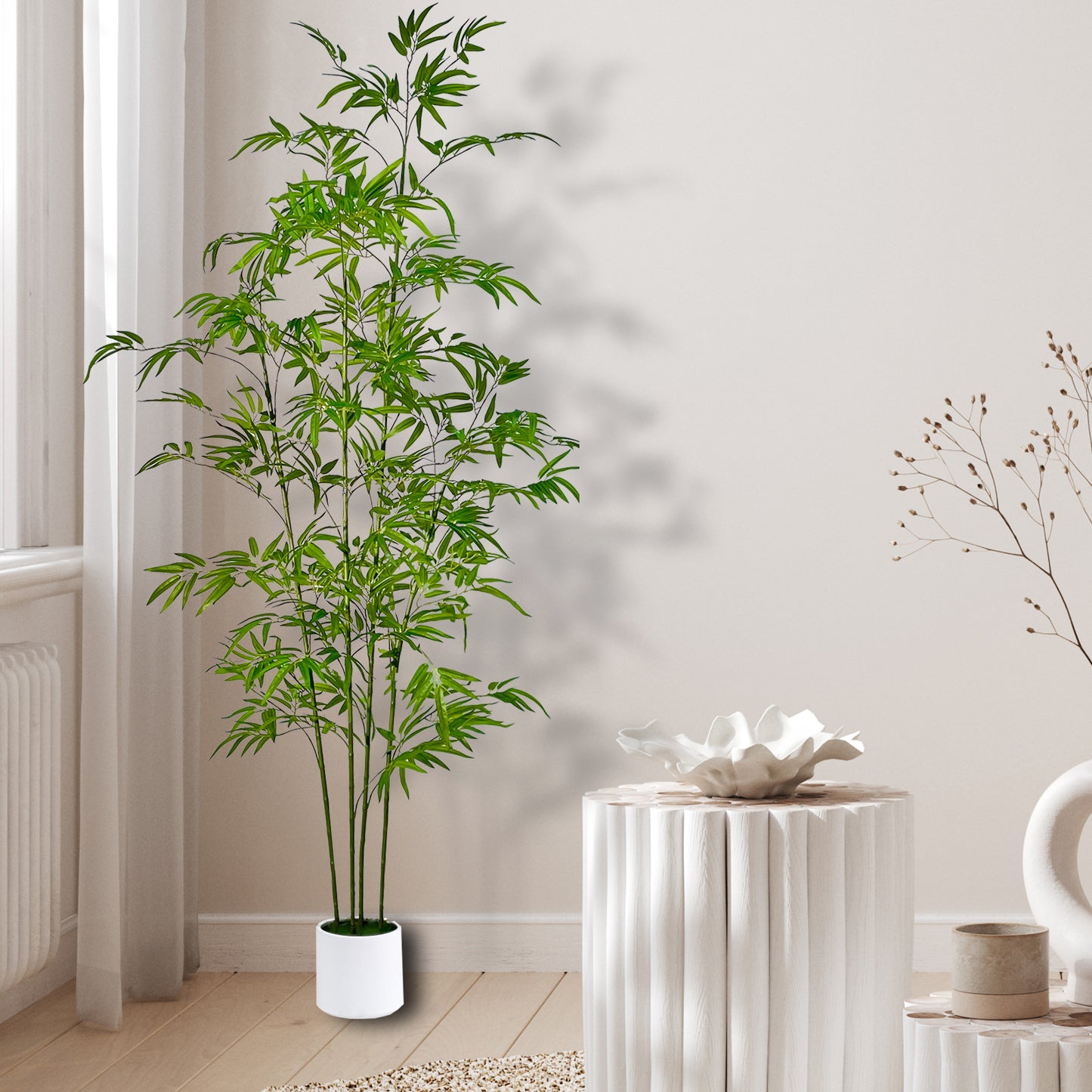 170cm Artificial Bamboo Tree with Tall White Planter - 4 Lifelike Natural Trunks & Silk Leaves, Realistic Faux Indoor Outdoor Plant for Home, Office, Living Room, Mall, Hotel, Garden Decor