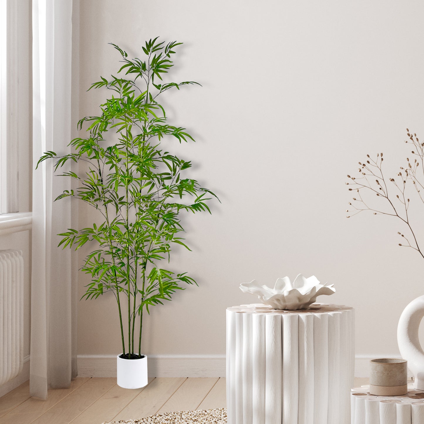 170cm Artificial Bamboo Tree with Tall White Planter - 4 Lifelike Natural Trunks & Silk Leaves, Realistic Faux Indoor Outdoor Plant for Home, Office, Living Room, Mall, Hotel, Garden Decor