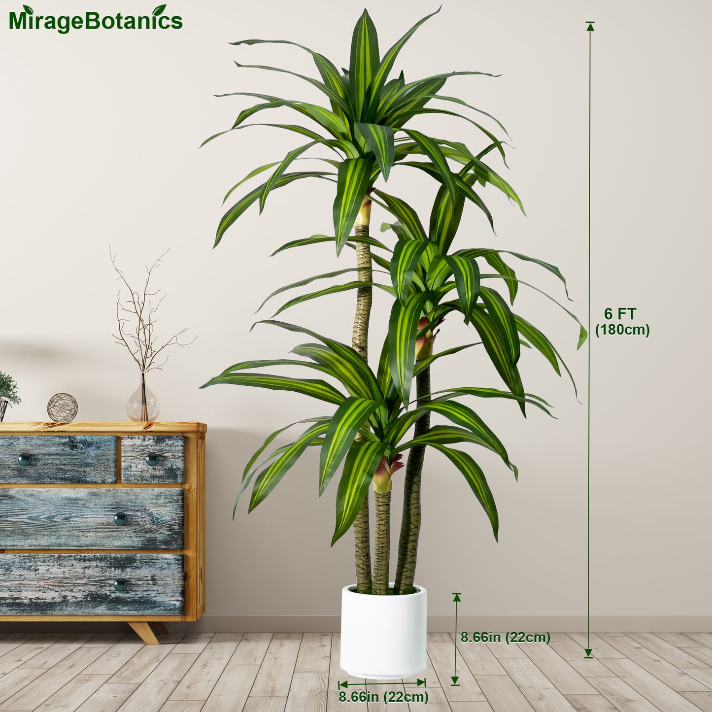 180cm Artificial Dracaena Tree, Fake Tree with White Planter, Fake Tropical Yucca Floor Plant, Lifelike Foliage and Branches, Artificial Plants Indoor Outdoor for Home Office Living Room Decor Indoor