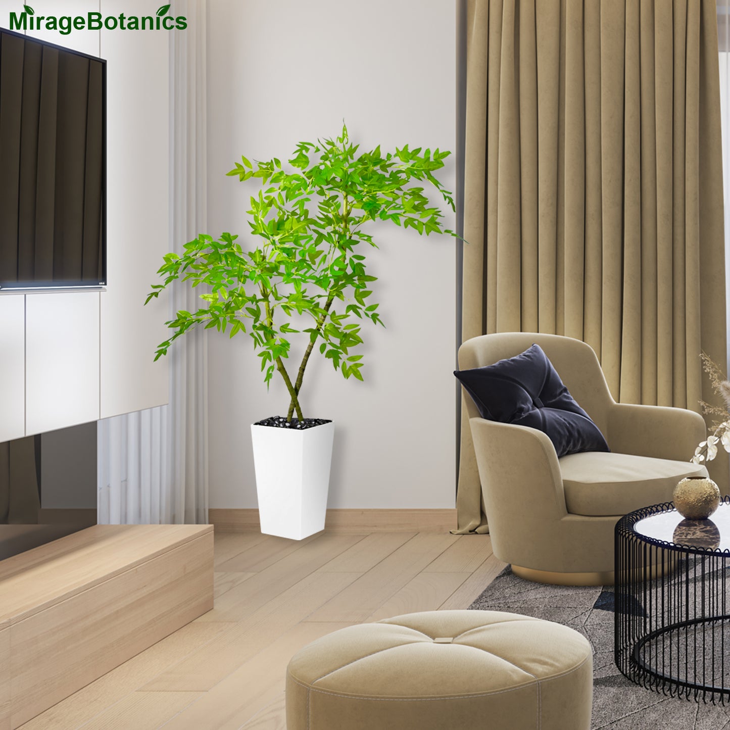 120cm Artificial Bamboo Tree, Fake Nandina Bamboo Tree, Faux Nantian Bamboo Bonsai with White Planter, for Home Office Mall Exhibition Hall Living Room Garden Balcony Entryway Dining Room
