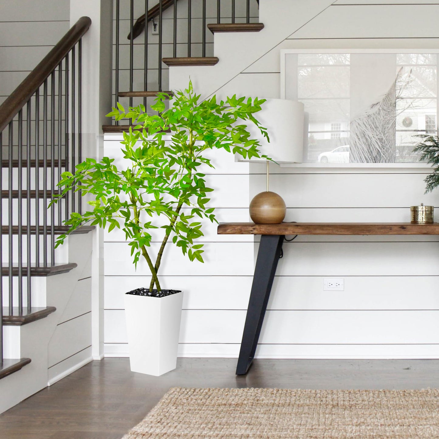 120cm Artificial Bamboo Tree, Fake Nandina Bamboo Tree, Faux Nantian Bamboo Bonsai with White Planter, for Home Office Mall Exhibition Hall Living Room Garden Balcony Entryway Dining Room