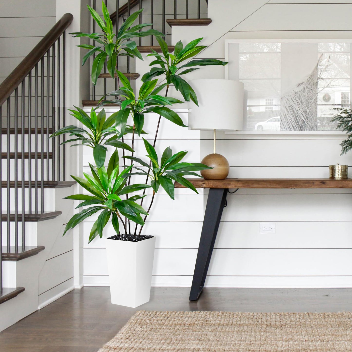 150cm Artificial Dracaena Tree, Fake Loose Tail Dracaena Faux Plantain Tree Potted Fake Tree Artificial Green Plant  for Nordic Living Room Pation Office Home Decor (Include White Tall Planter)
