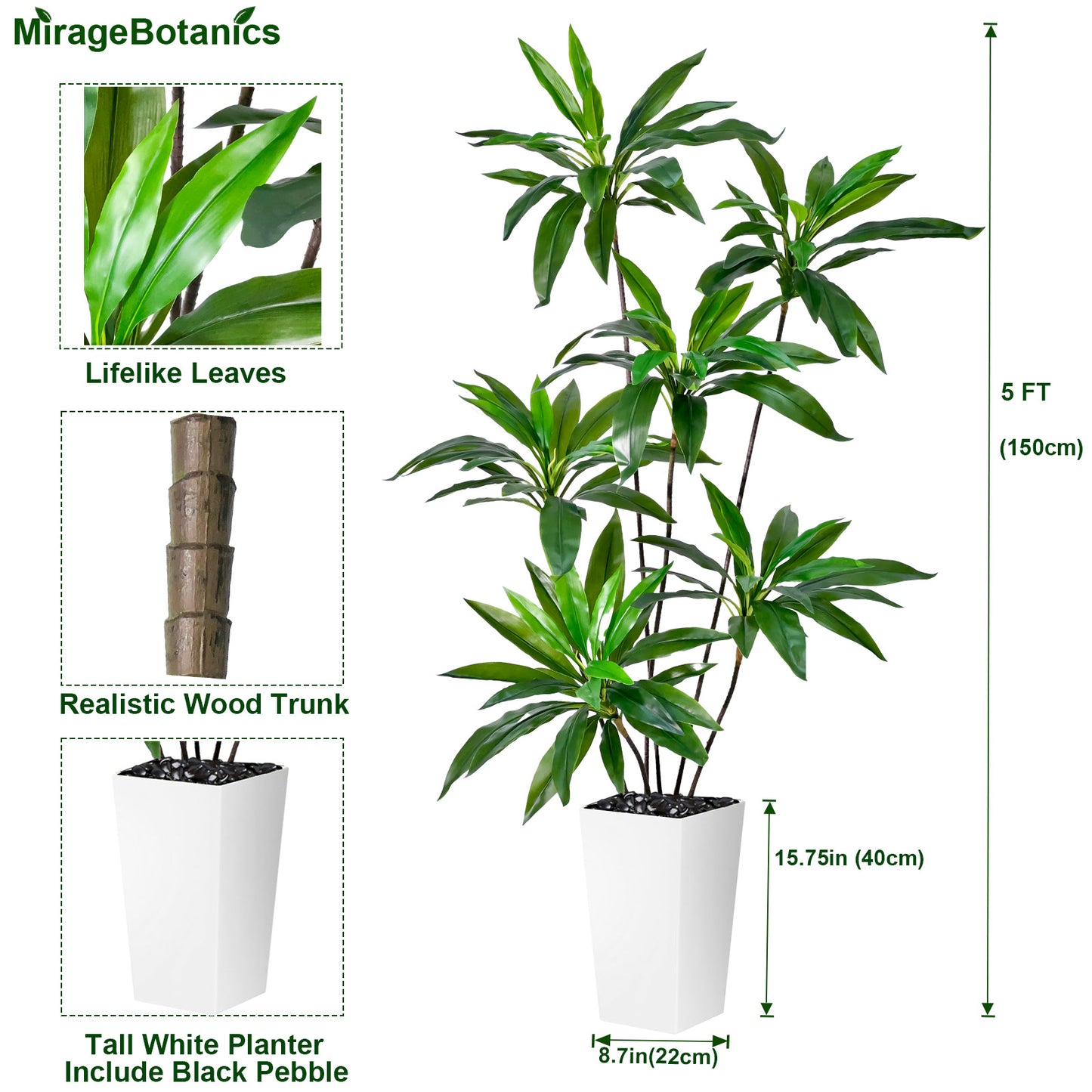 150cm Artificial Dracaena Tree, Fake Loose Tail Dracaena Faux Plantain Tree Potted Fake Tree Artificial Green Plant  for Nordic Living Room Pation Office Home Decor (Include White Tall Planter)