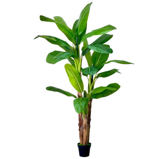 Artificial Banana 3 Trunks Tree Fake Leaf Plant Tall Tree Faux Banana Leaves with White UV Planter for Home Swimming Pool Outdoor Patio Tropical Decor