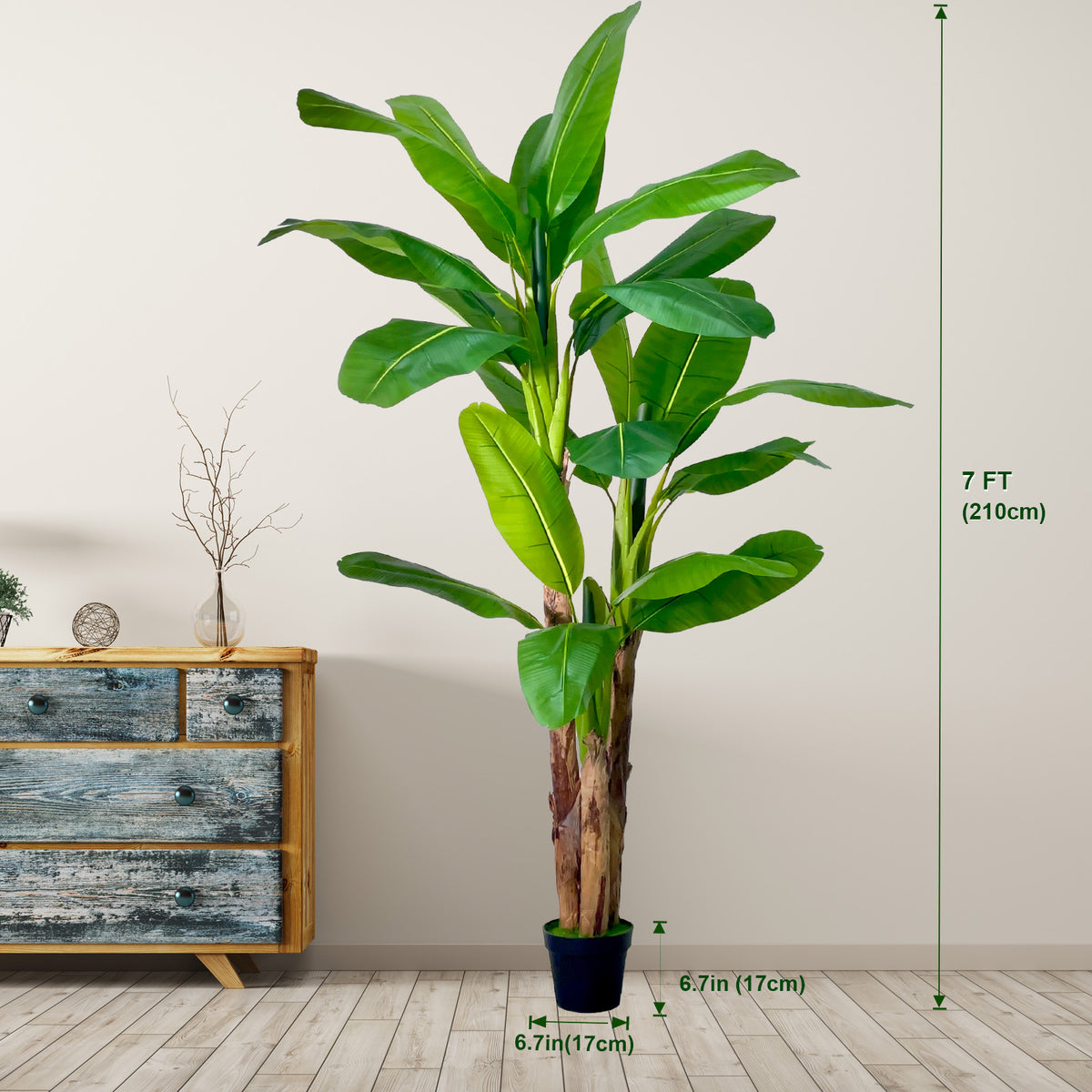 Artificial Banana 3 Trunks Tree Fake Leaf Plant Tall Tree Faux Banana Leaves with White UV Planter for Home Swimming Pool Outdoor Patio Tropical Decor