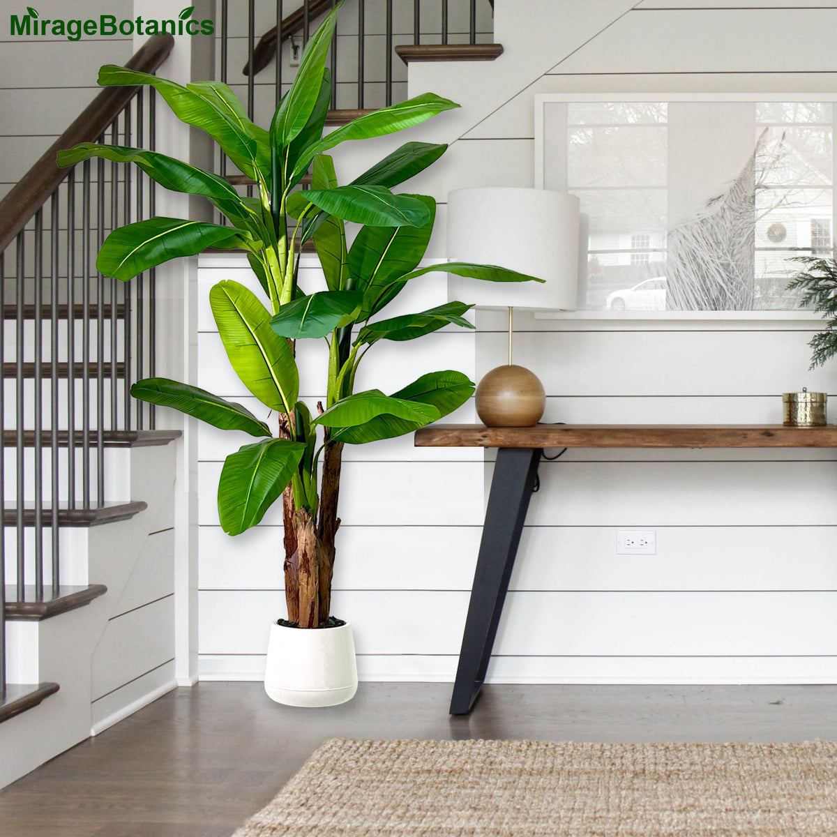Artificial Banana 3 Trunks Tree Fake Leaf Plant Tall Tree Faux Banana Leaves with White UV Planter for Home Swimming Pool Outdoor Patio Tropical Decor