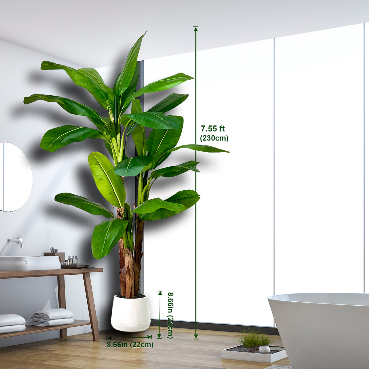 Artificial Banana 3 Trunks Tree Fake Leaf Plant Tall Tree Faux Banana Leaves with White UV Planter for Home Swimming Pool Outdoor Patio Tropical Decor